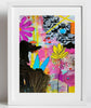 Framed abstract artwork with colorful flowers and patterns on a white background