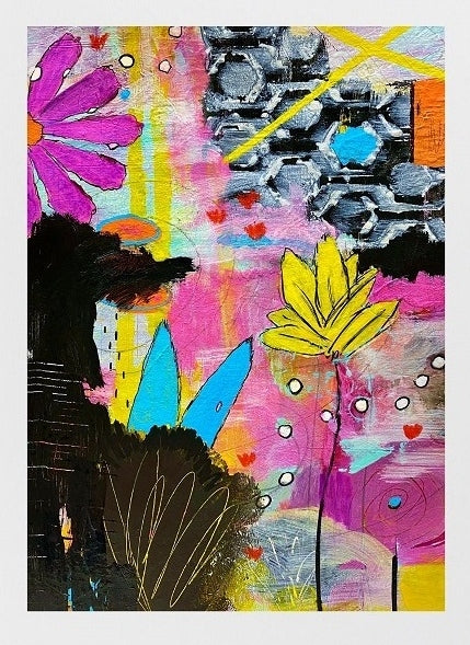 Abstract artwork with colorful flowers and geometric shapes