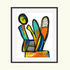 Framed abstract artwork with colorful shapes on a white background