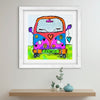 Framed artwork of a VW van with peace signs on a wall above a shelf.