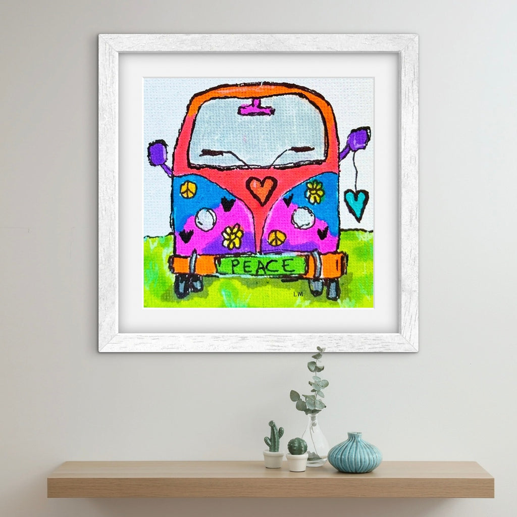 Framed artwork of a VW van with peace signs on a wall above a shelf.