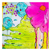 Colorful abstract artwork with blue trees, pink cloud-like shapes, and green landscape.