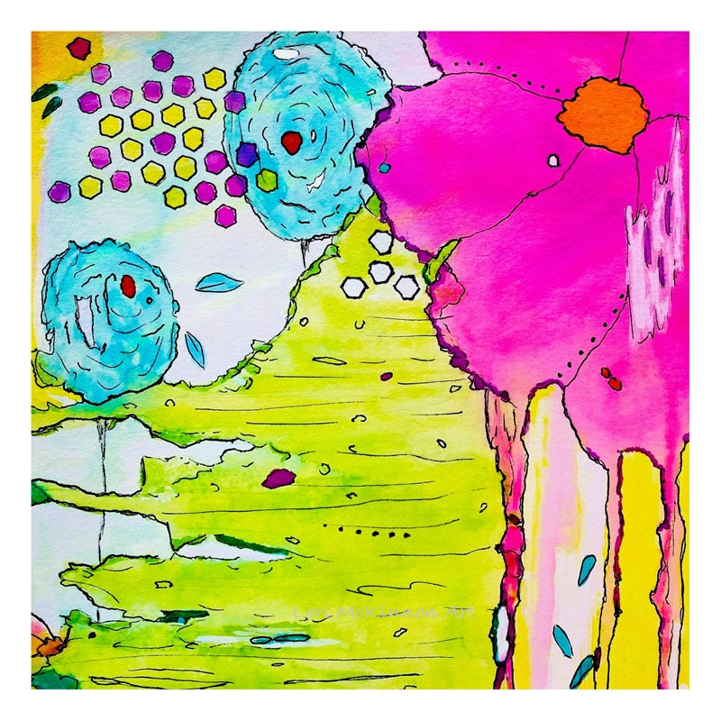 Colorful abstract artwork with blue trees, pink cloud-like shapes, and green landscape.
