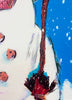 Close-up of a colorful winter illustration featuring a snowman with orange buttons, a brown broom, and a bright blue snowy background. Shows the artists signature, Lori McKinnon