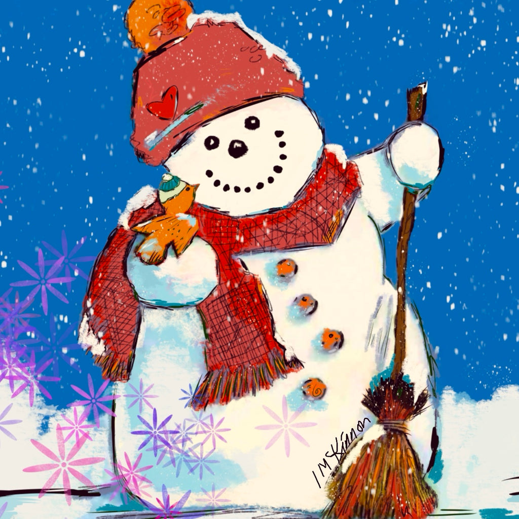 snowman and small bird artwork on 3x3 notecard