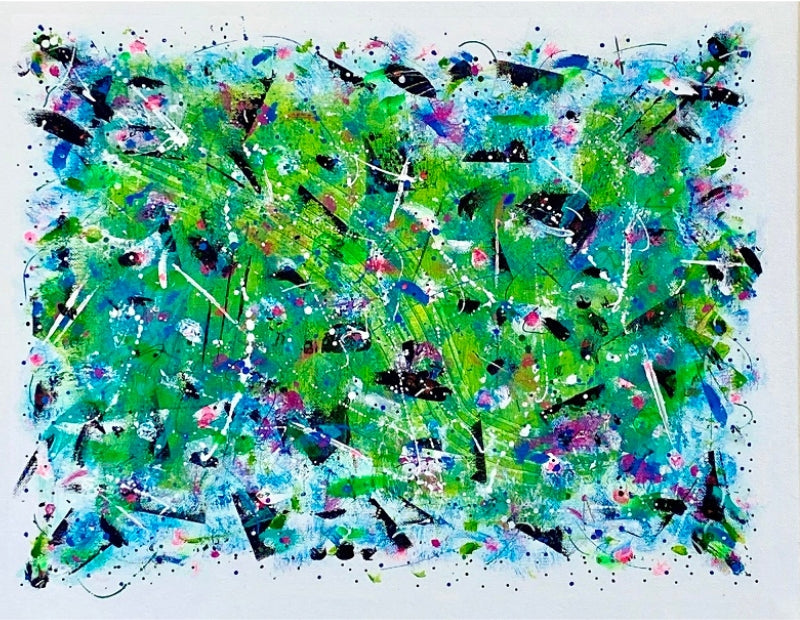 colorful abstract painting with green, black and white