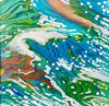 abstract painting with blue, copper, green and white