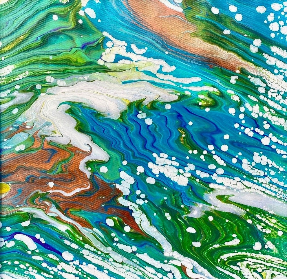 abstract painting with blue, copper, green and white