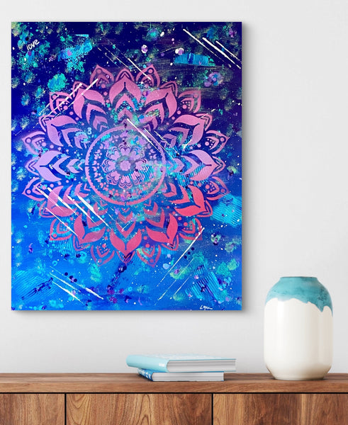 Colorful painting on a wall with a wooden shelf and decorative items below.