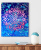 Colorful painting on a wall with a wooden shelf and decorative items below.