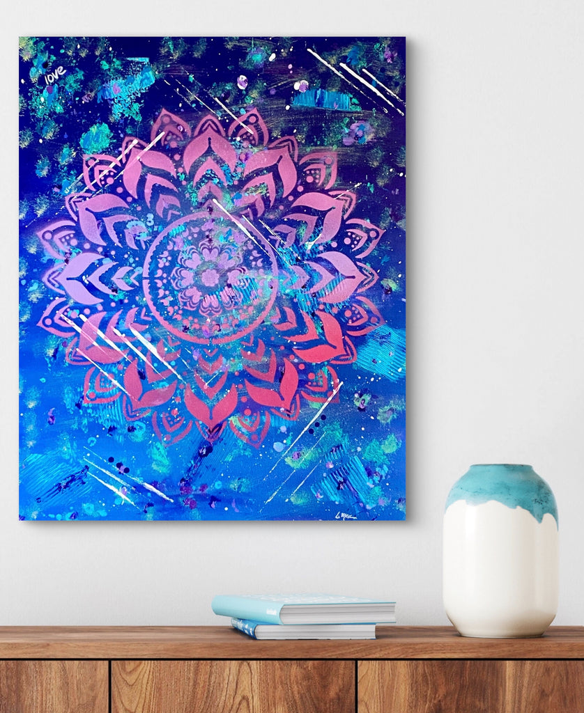 Colorful painting on a wall with a wooden shelf and decorative items below.