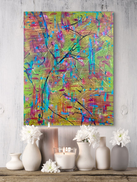 Colorful abstract painting on a wall above a wooden shelf with decorative items.