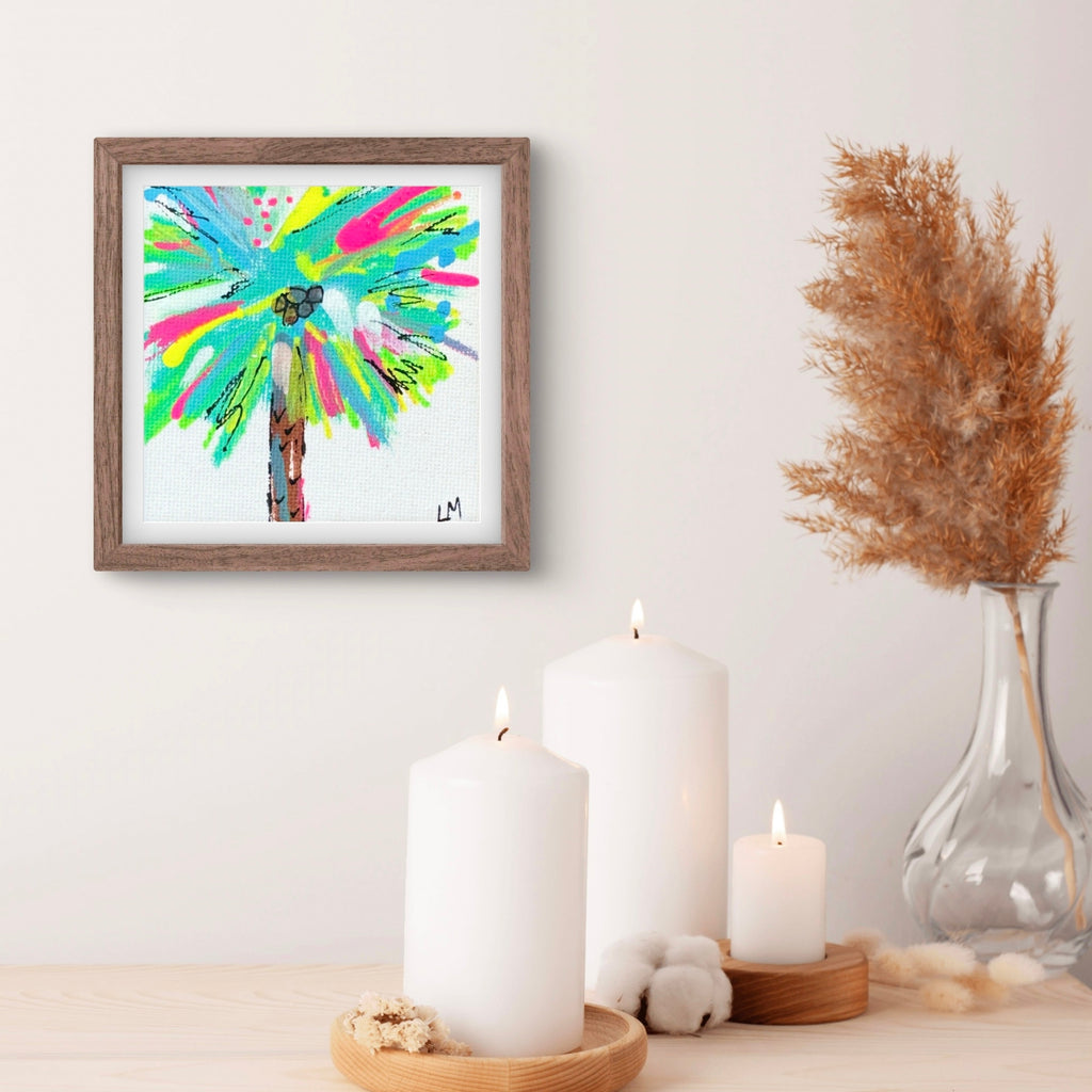 abstract art print in various color with brown matted frame