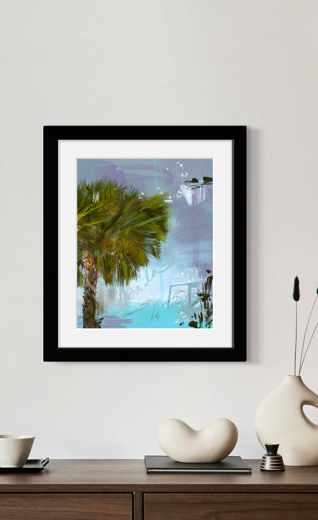 abstract palm tree art print with a white mat in black frame.