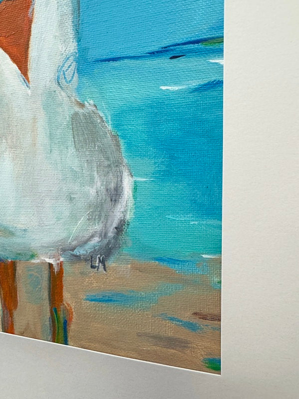 Artistic depiction of a coastal scene with a bird and beach.