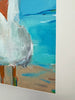 Artistic depiction of a coastal scene with a bird and beach.