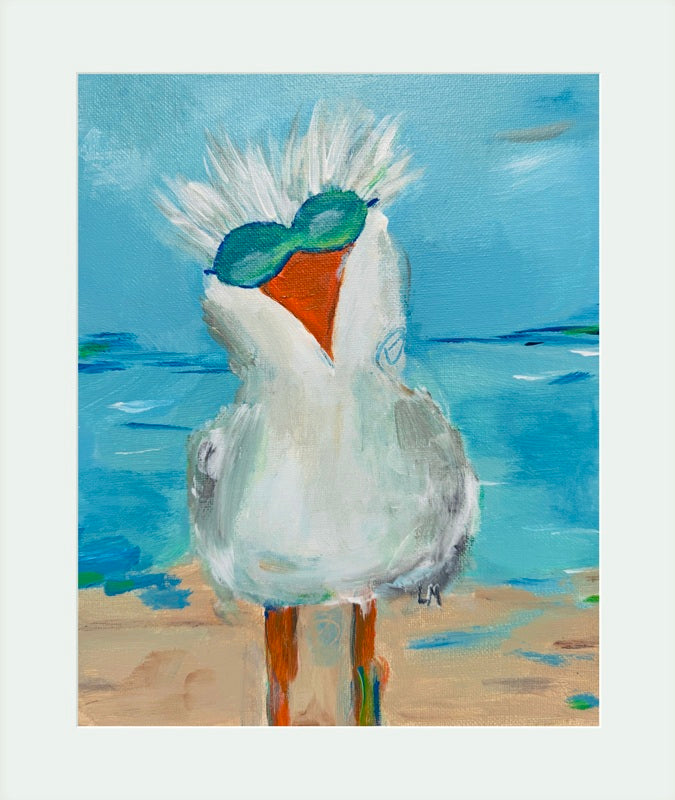 Painting of a seagull wearing sunglasses on a beach with a blue sky.