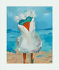 Painting of a seagull wearing sunglasses on a beach with a blue sky.