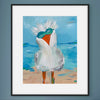 Framed artwork of a bird with a blue background