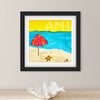 Framed artwork of a beach scene with a pink umbrella and blue sky on a light gray wall.