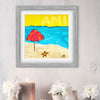 Framed artwork of a beach scene with an umbrella, starfish, and blue sky.