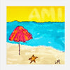 Colorful beach scene with a pink umbrella and starfish on sand and blue water.