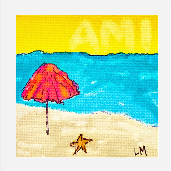 Colorful beach scene with a pink umbrella and starfish on sand and blue water.
