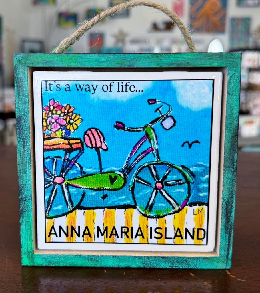 Original art with a bicycle and text 'It's a way of life... Anna Maria Island' in a hand painted wood frame.