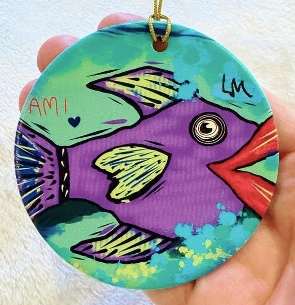 colorful fish art on ceramic Christmas ornament