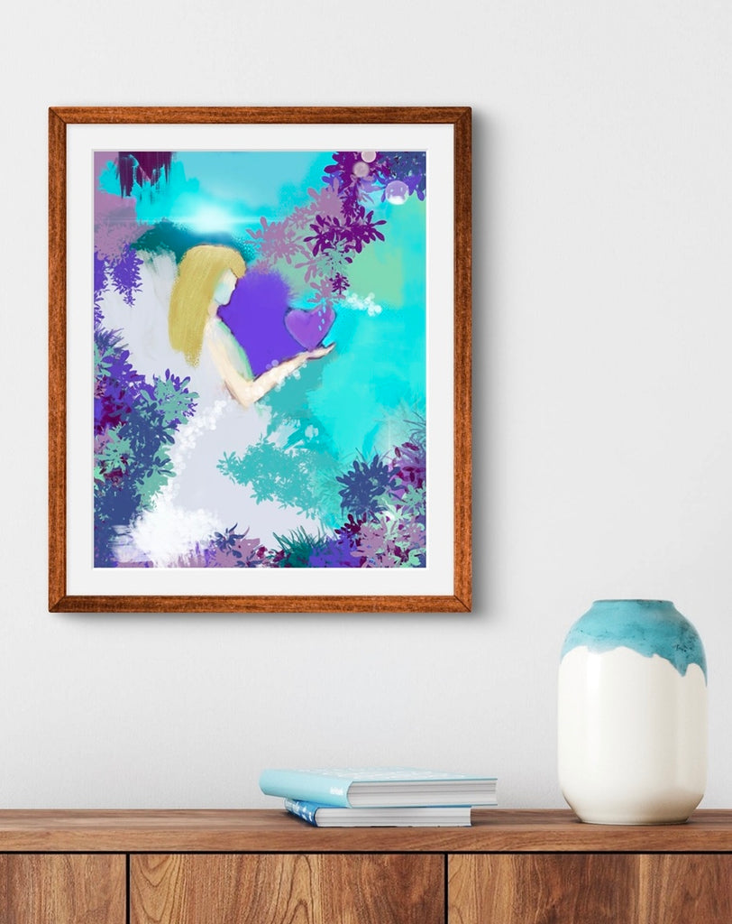 Framed artwork of angel holding a purple flower on a white wall with a wooden shelf below.