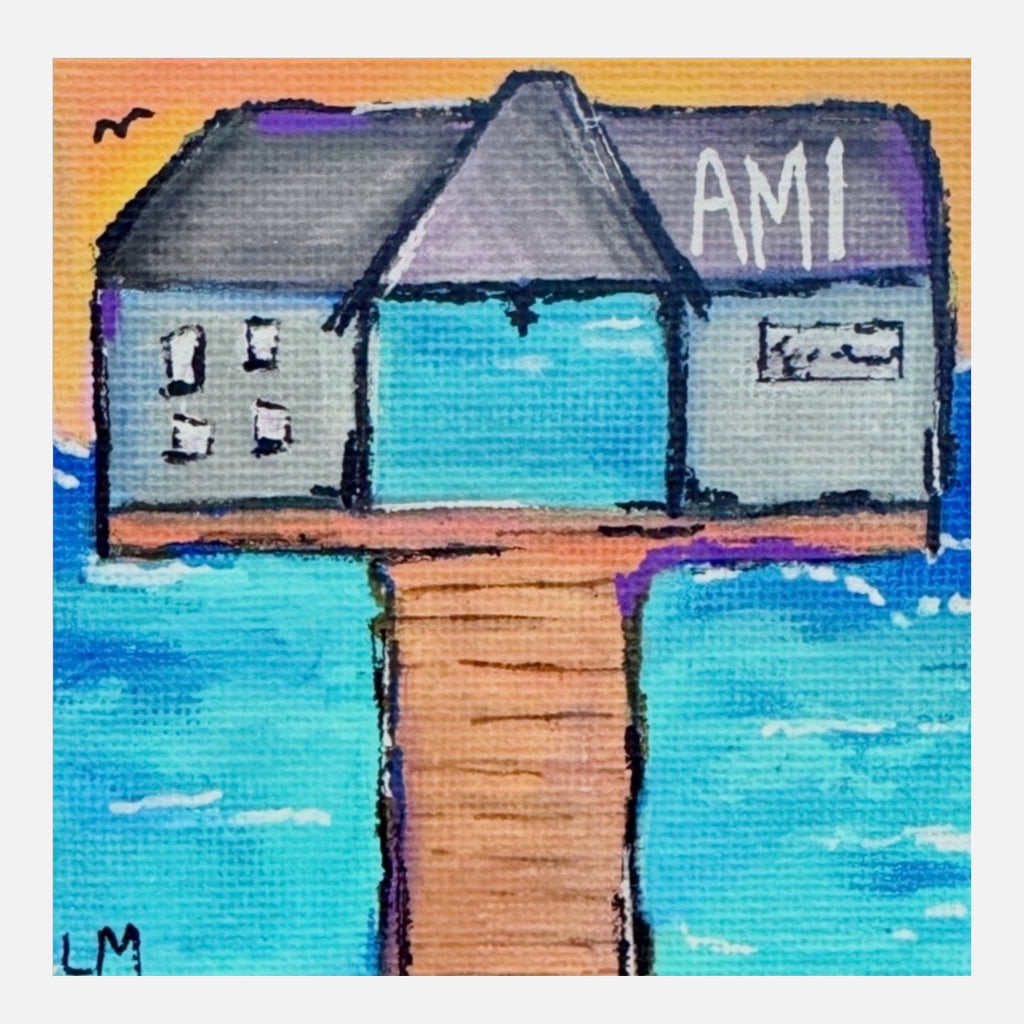 Artistic depiction of a anna maria island pier with 'AMI' text with a water background