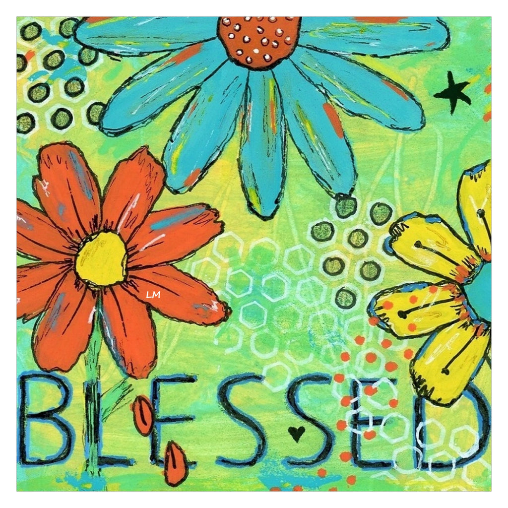 Colorful floral design with the word 'BLESSED' on a green background