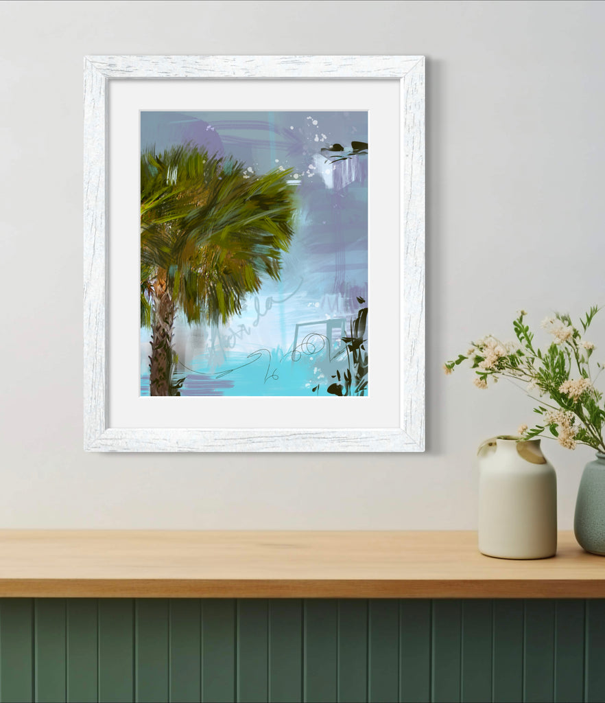 An 11x14 inch framed art print titled 'Floridian', featuring an abstract representation of a palm tree, displayed on a wooden shelf with a white vase to the side.
