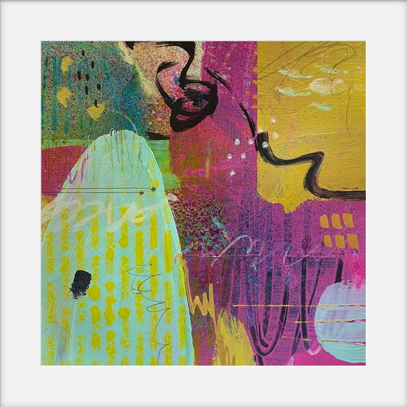 Abstract artwork with colorful shapes and lines on a white background