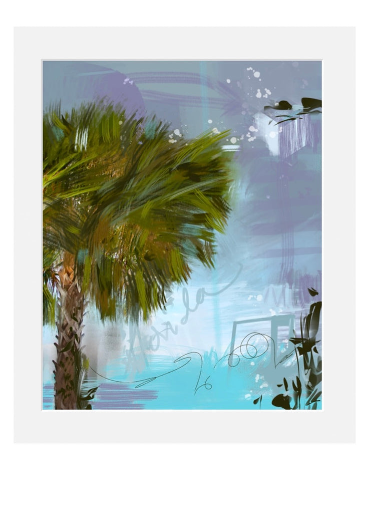 abstract palm tree art print in white mat