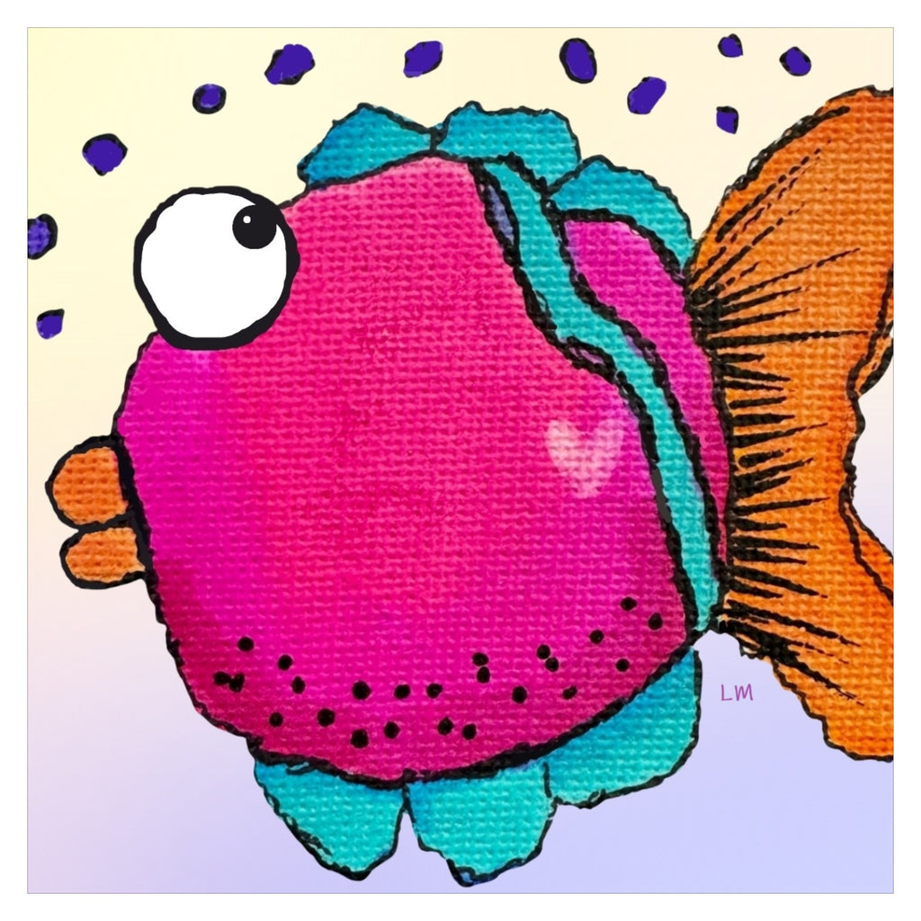 Colorful fish illustration with a pink body and blue fins on a light purple background.