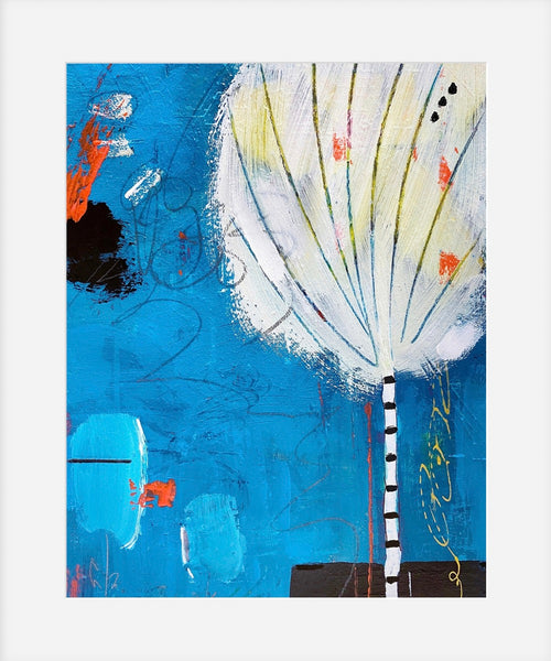 Abstract artwork with a white tree-like figure against a blue background