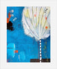 Abstract artwork with a white tree-like figure against a blue background