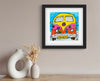Framed artwork of a colorful van with 'Beach' text on a wall above two decorative vases.