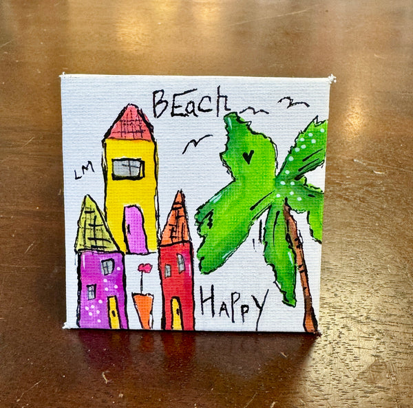3x3 canvas magnet with original "Beach Happy" artwork with palm tree and beach houses
