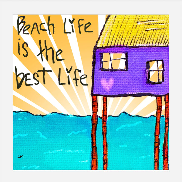 whimsical beach hut with 'Beach Life is the Best Life' text against a sun and sea background.