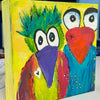 Colorful painting on 6x6 canvas of two quirky birds on a yellow background