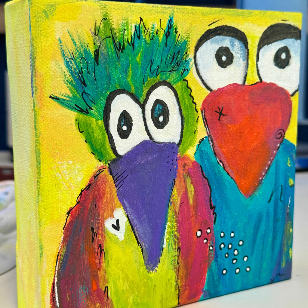 Colorful painting on 6x6 canvas of two quirky birds on a yellow background