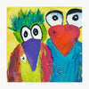 Colorful painting of two whimsical birds with a yellow background