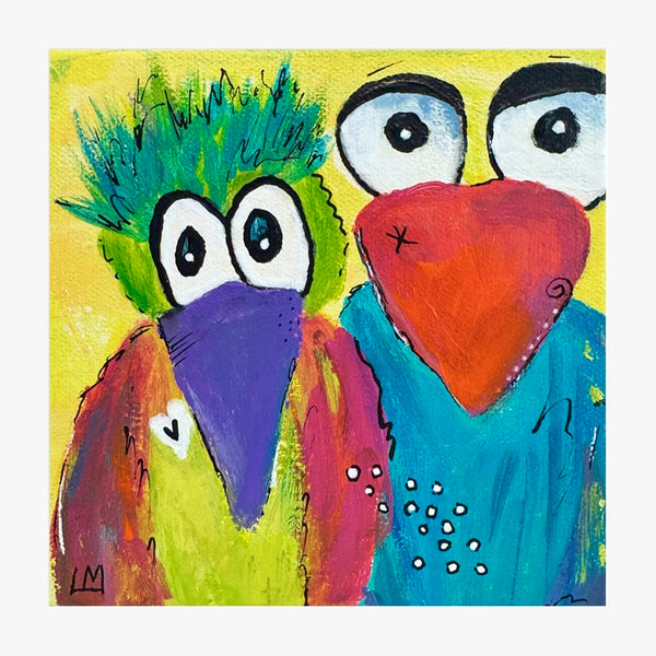 Colorful painting of two whimsical birds with a yellow background