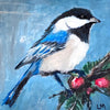 Close-up of Bird and Berries acrylic painting by Lori McKinnon, showing textured brushstrokes on a blue, black and white bird beside red berries.