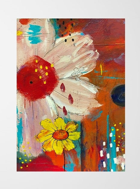 Abstract painting with flowers on a colorful background