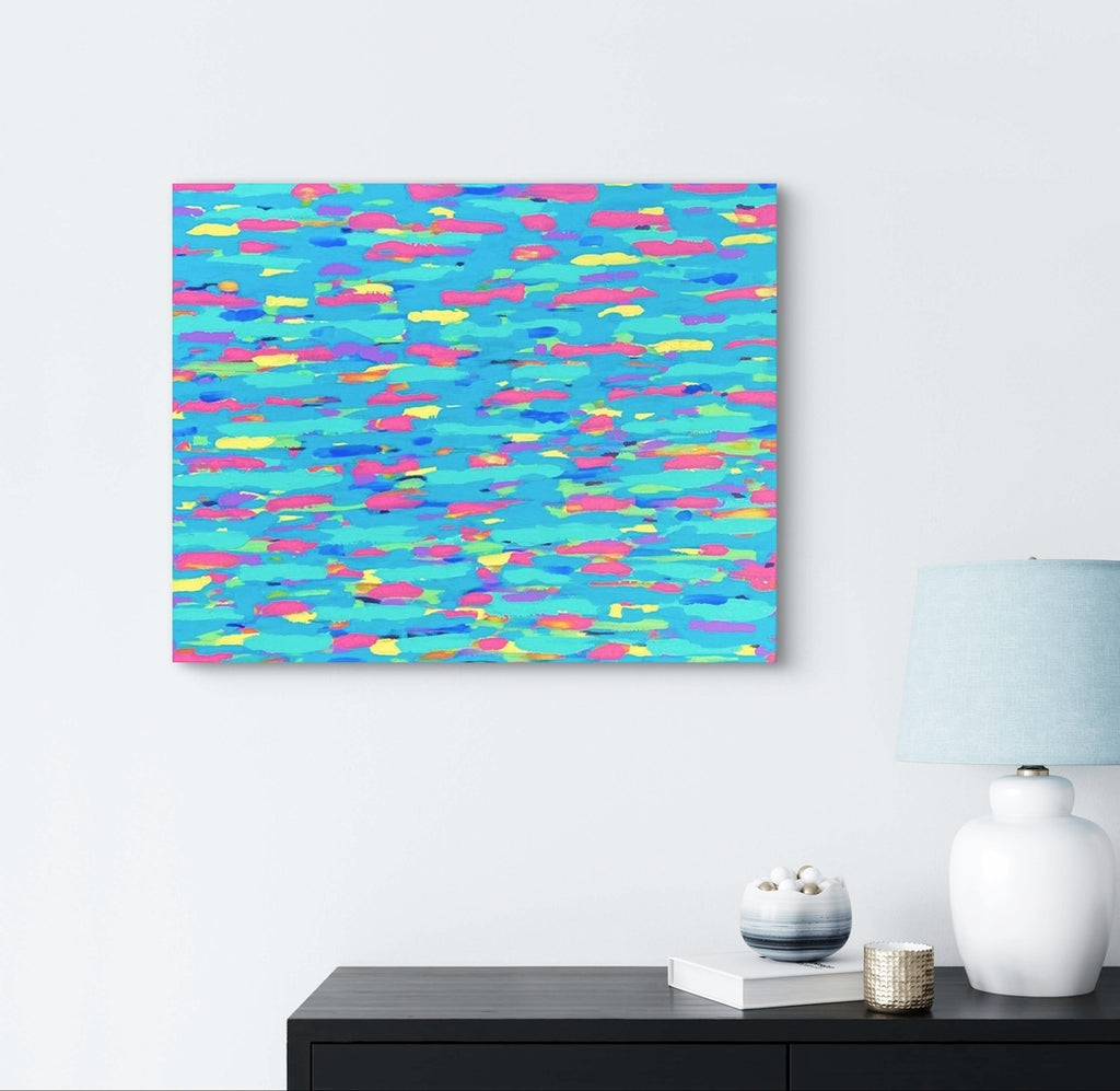 abstract painting with blue, pink, yellow and purple
