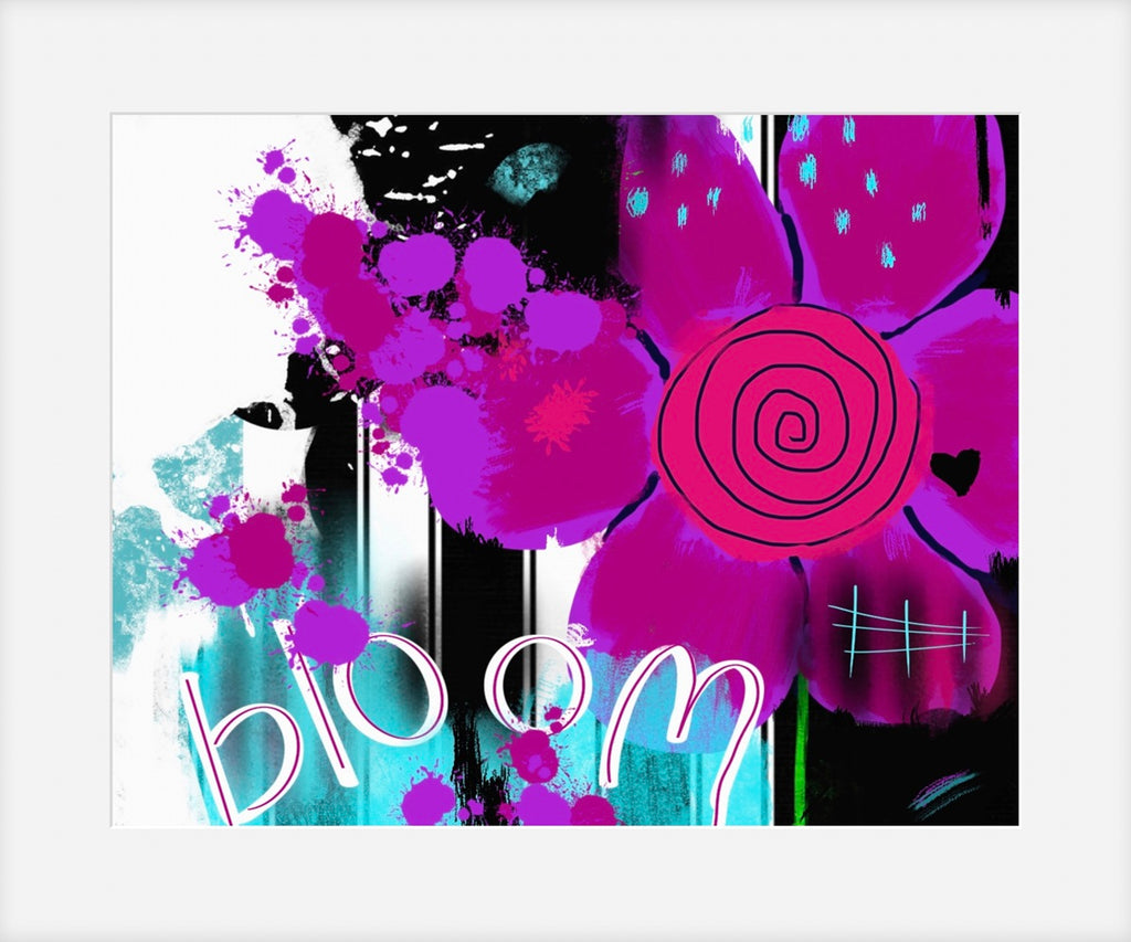 Colorful abstract floral design with the word 'bloom' on a black background