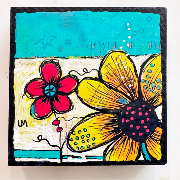 A colorful square floral painting on a white background